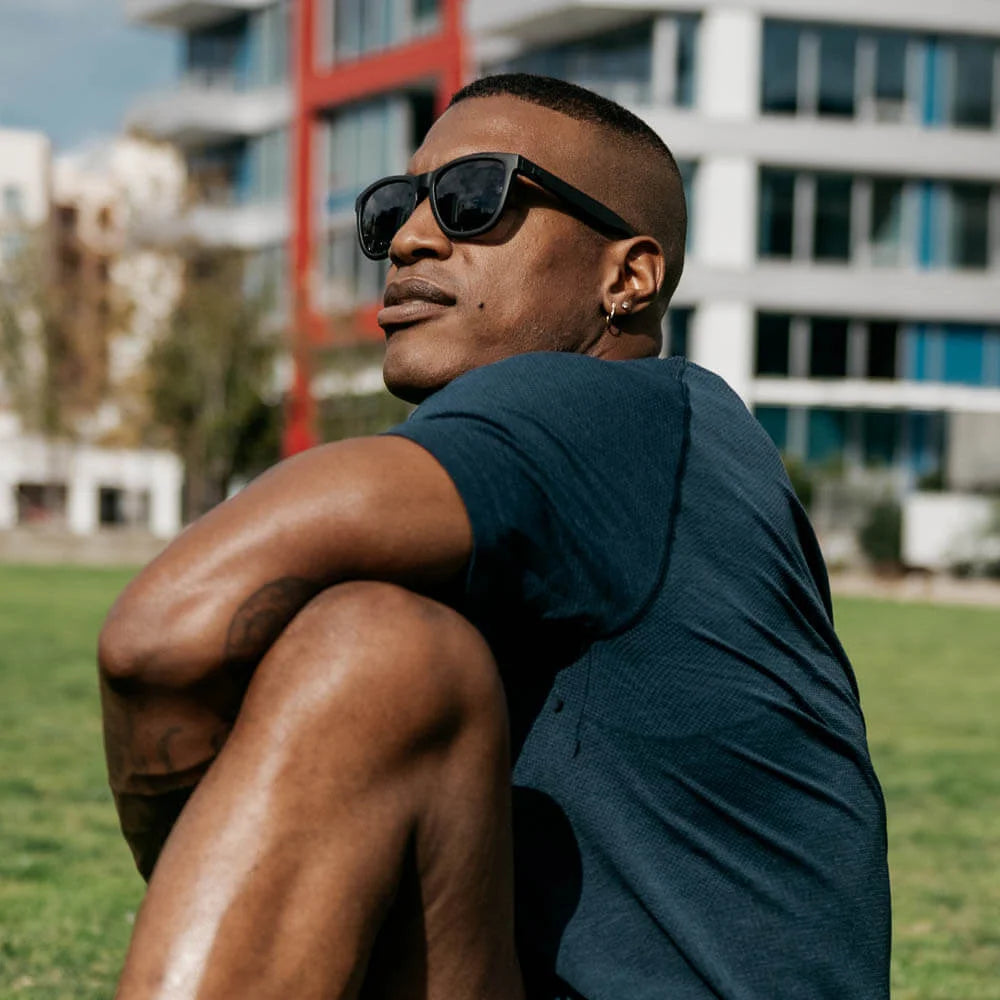 Men wearing Black on Black Premiums Sport Sunglasses
