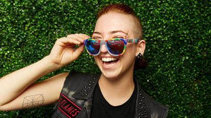 Woman wearing Pride Premiums sunglasses