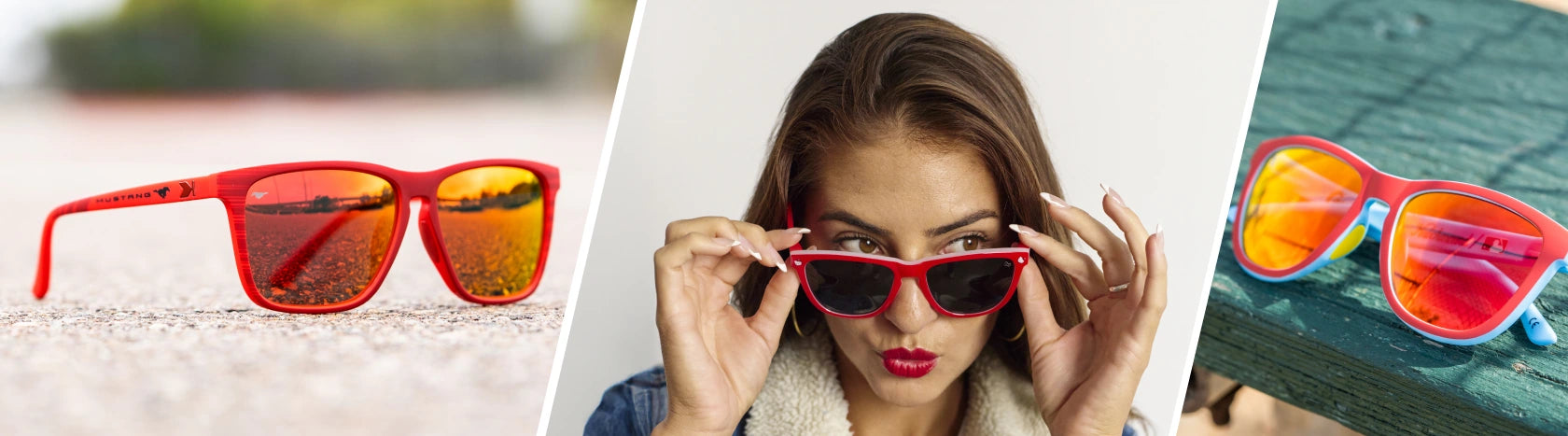 Red Frame Sunglasses. Lifestyle photo of Ford Mustang Fast Lanes Sport Sunglasses, Women wearing Hello Kitty Premiums Sunglasses