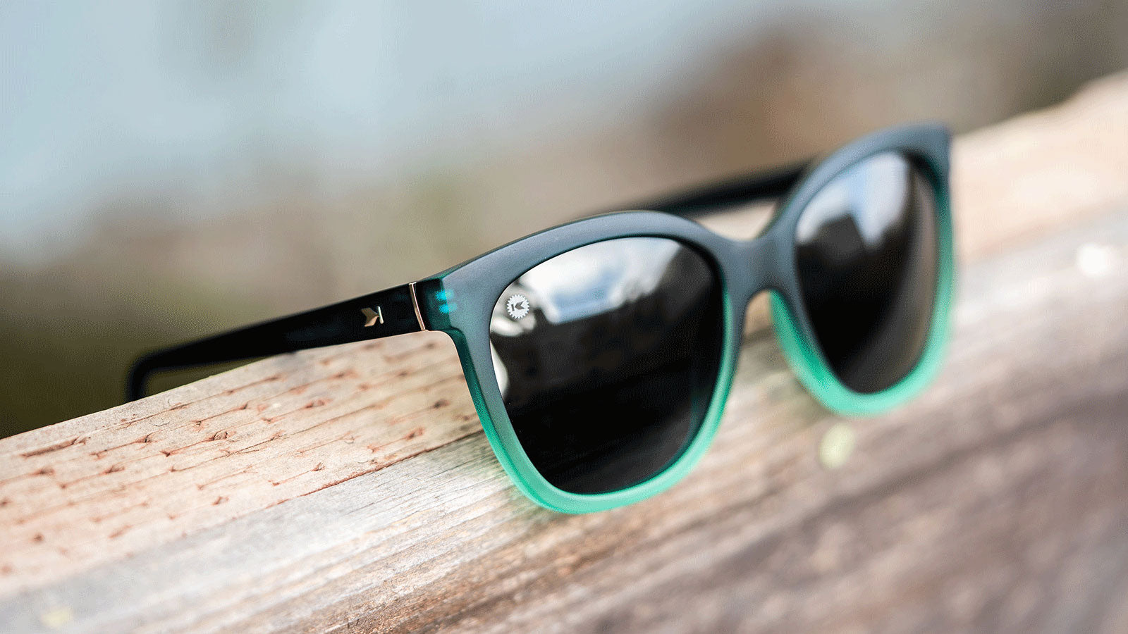Sunglasses with Deep Blue to Light Blue Frames and Polarized Black Lenses, Lifestyle