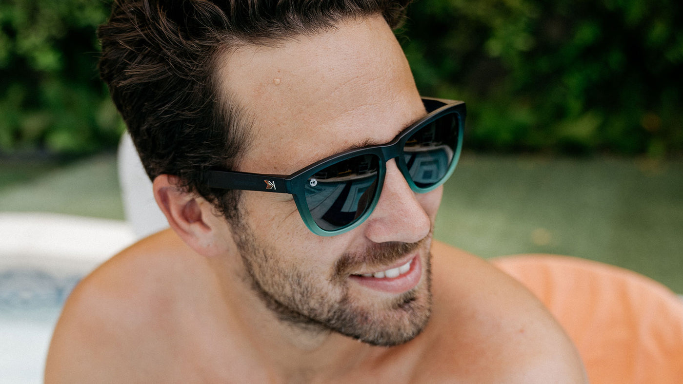 Sunglasses with Deep Blue to Light Blue Frames and Polarized Black Lenses, Model