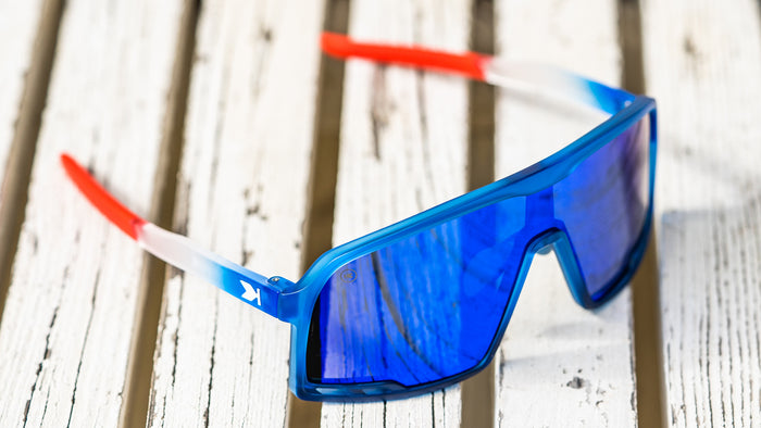 Sport Sunglasses with Red, White, and Blue Gradient Frames and Blue Lenses, Lifestyle