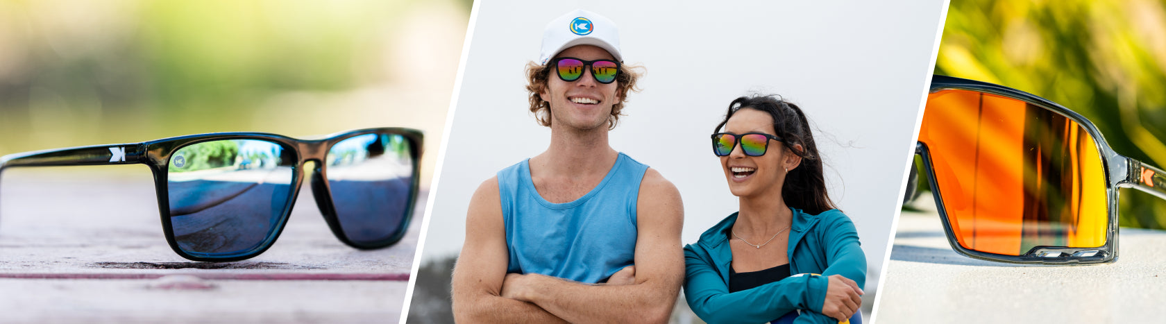 Sand Volleyball Sunglasses. Lifestyle photo of Jelly Black / Sky Blue Fast Lanes Sport and Magma Campeones Sunglasses, Men and Women wearing Rainbow on Black Premiums Sport and Fast Lanes Sport Sunglasses