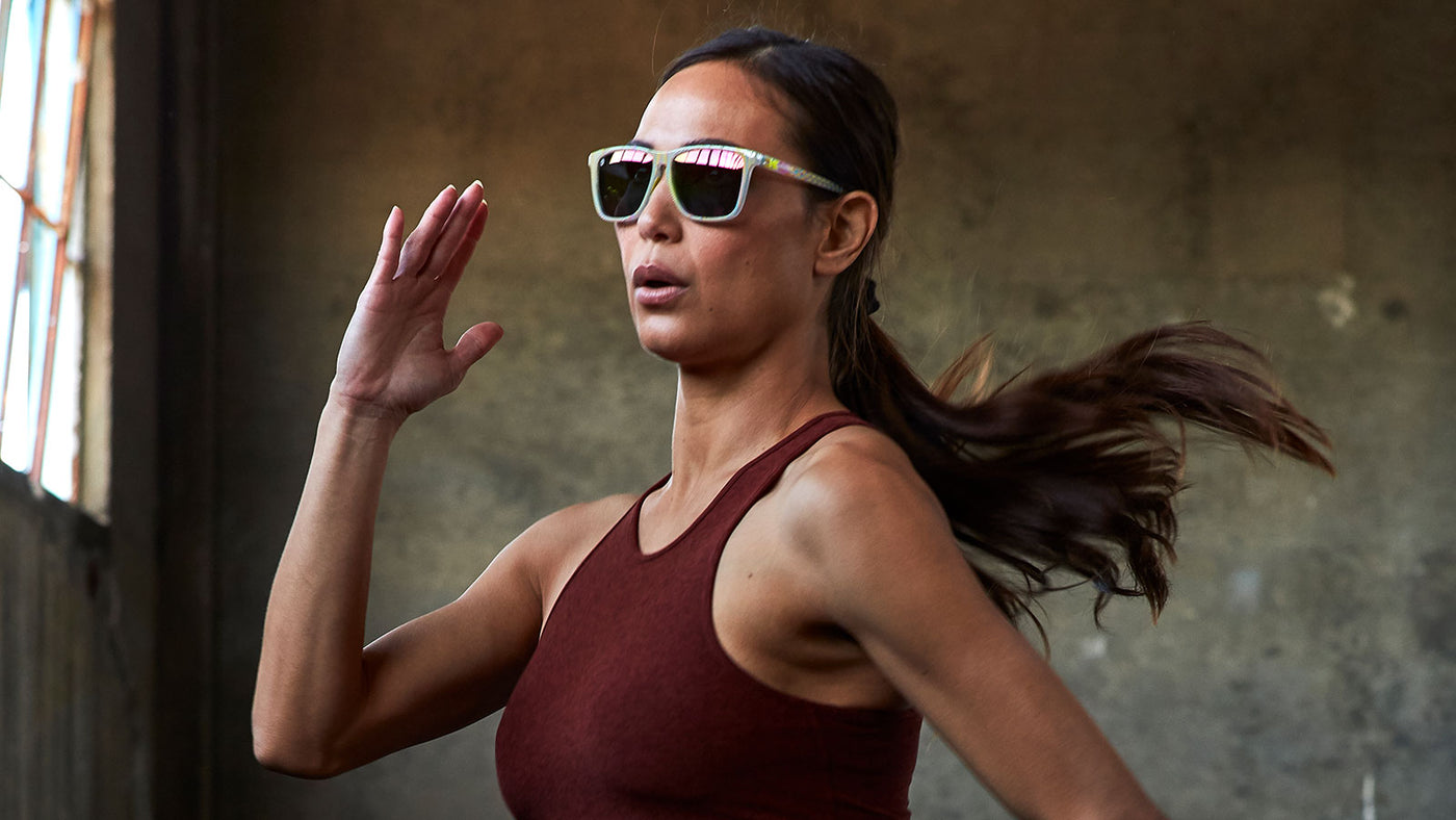 Woman wearing show opener fast lanes sports sunglasses