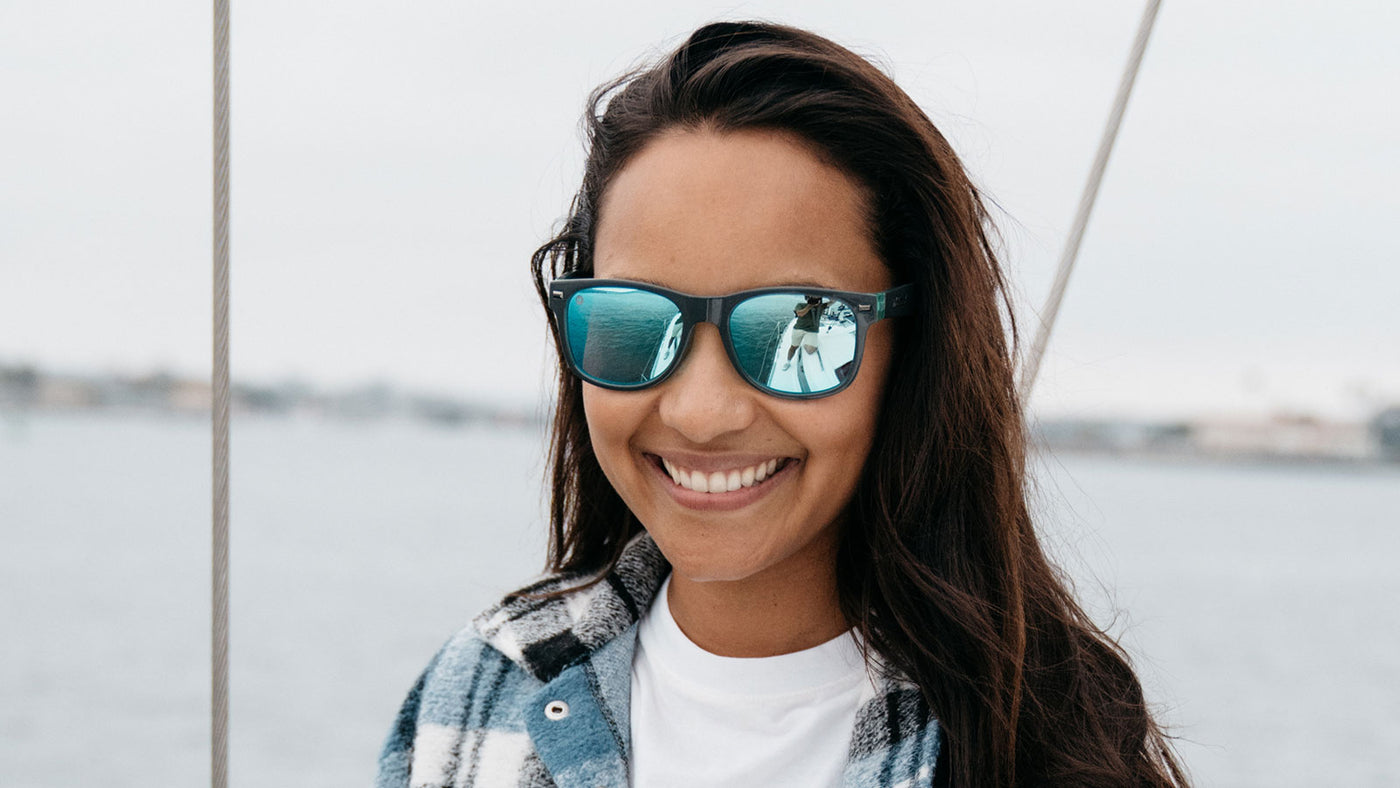 Sunglasses with Grey Frames and Polarized Aqua Lenses, Model