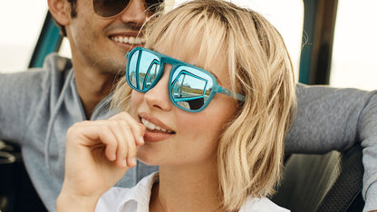 Sunglasses with Blue Frames and Polarized Blue Lenses, Female Model