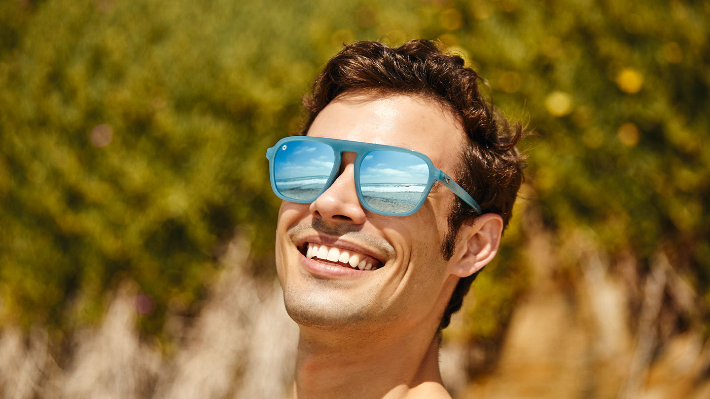 Sunglasses with Blue Frames and Polarized Blue Lenses, Male Model