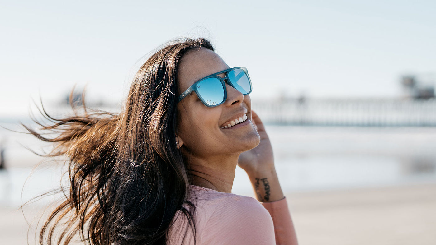 Sunglasses with Blue Frames and Polarized Sky Blue Lenses, Model