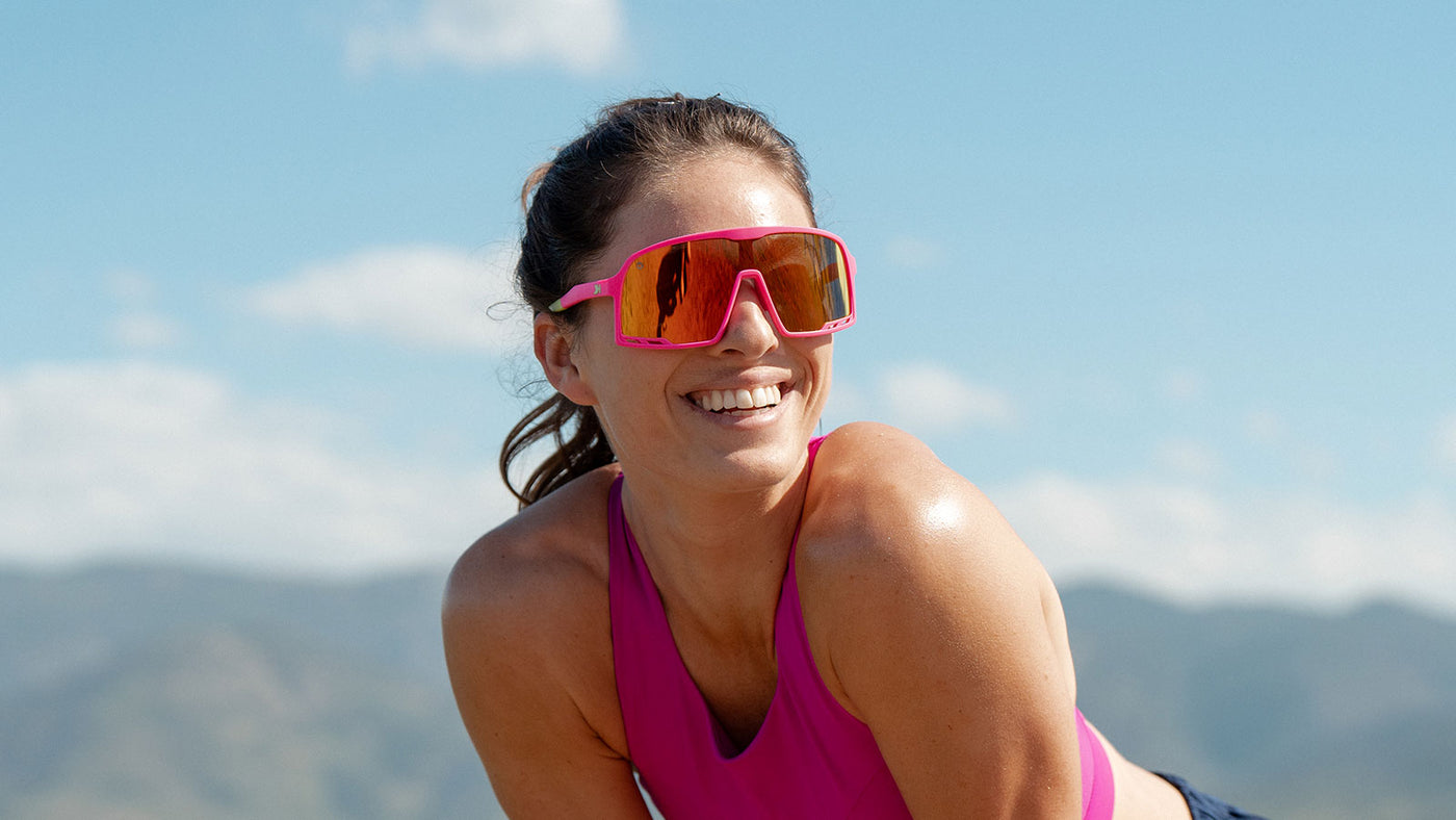 Sunglasses with Hot Pink Frames and Red Sunset Lenses, Model