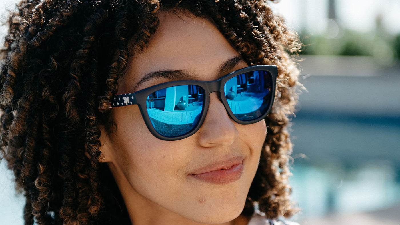 Woman wearing Star Spangled Premiums Sports Sunglasses