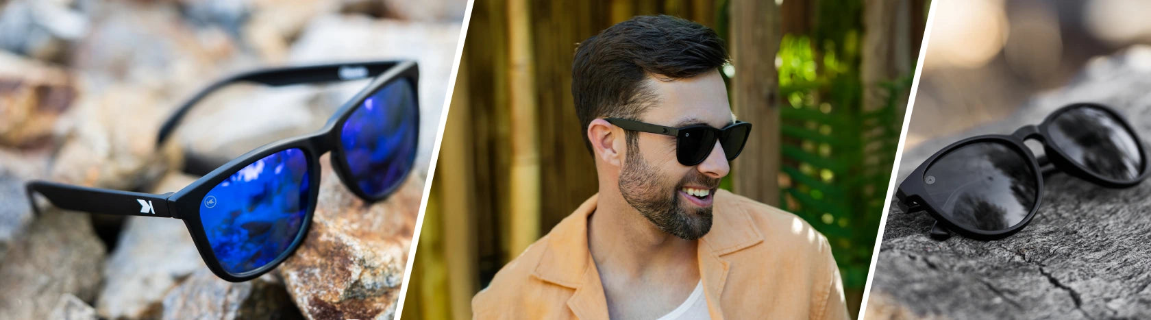 Sunglasses for Square Faces. Lifestyle photo of Black / Moonshine Classics and Black on Black Mai Tais Sunglasses, Men wearing Black on Black Premiums Sunglasses