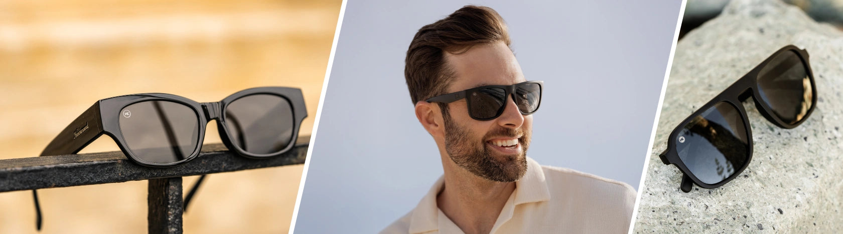 Thick Black Sunglasses. Lifestyle photo of Piano Black Junipers and Black on Black Pacific Palisades Sunglasses, Men wearing Black on Black Torrey Pines Sunglasses