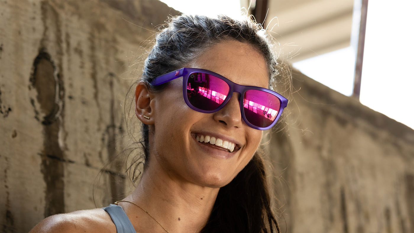 Woman wearing Ultraviolet / Fuchsia Premiums Sport Sunglasses