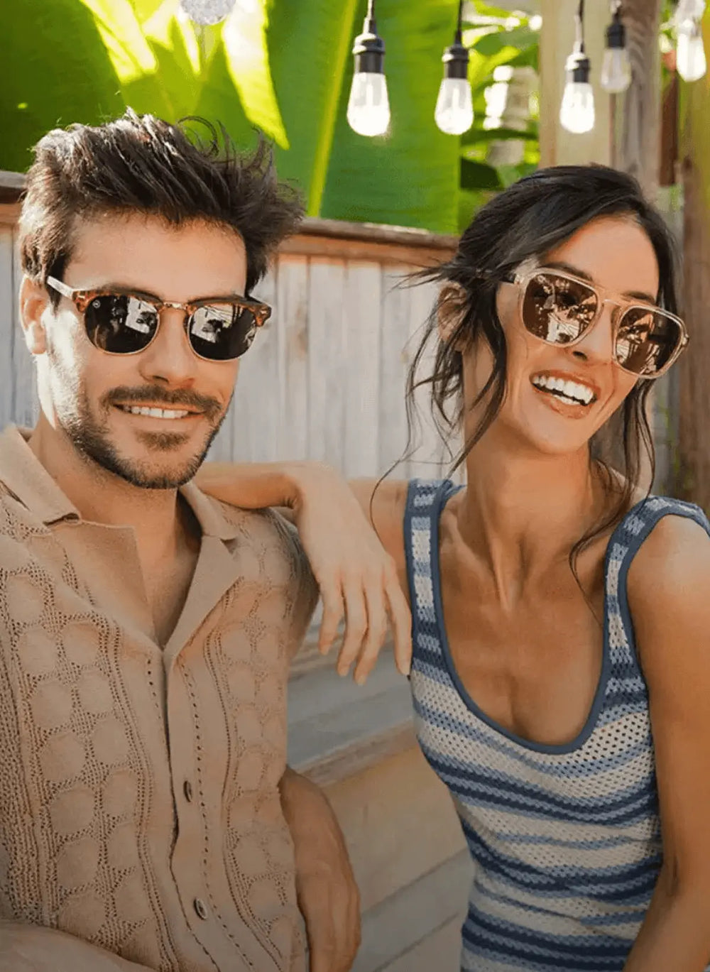 Man wearing Matte Tortoise Shell Brooklines and woman wearing On The Rocks Pacific Palisades