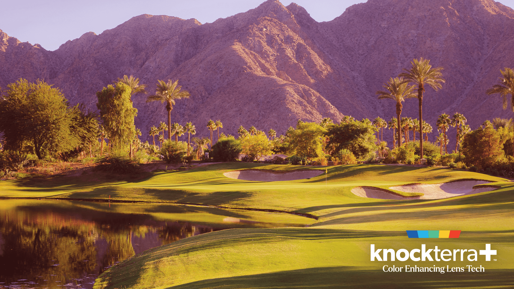 View of a golf course through Knockterra+ Rose lenses. Knockterra+ Color Enhancing Lens Tech