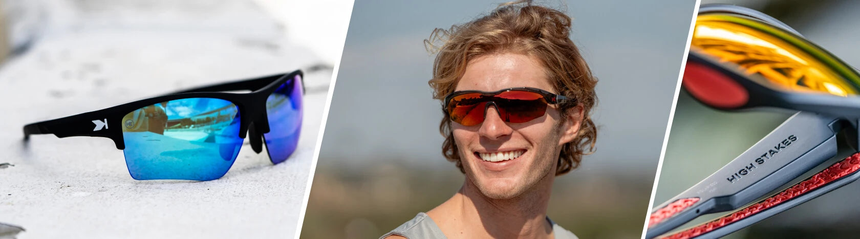 Wraparound Sunglasses. Lifestyle photo of Moonshot Flight Paths and Inferno High Stakes Sunglasses, Men wearing Lava Kinetics Sunglasses