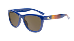 Sunglasses with Glossy Blue Frames and Polarized Amber Lenses, Flyover