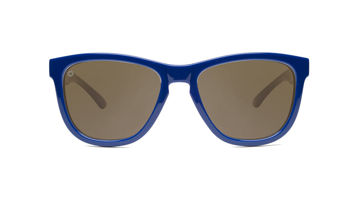 Sunglasses with Glossy Blue Frames and Polarized Amber Lenses, Front
