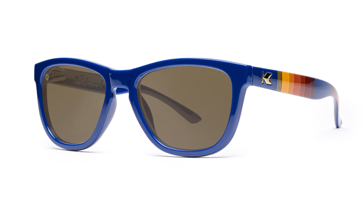 Sunglasses with Glossy Blue Frames and Polarized Amber Lenses, Threequarter