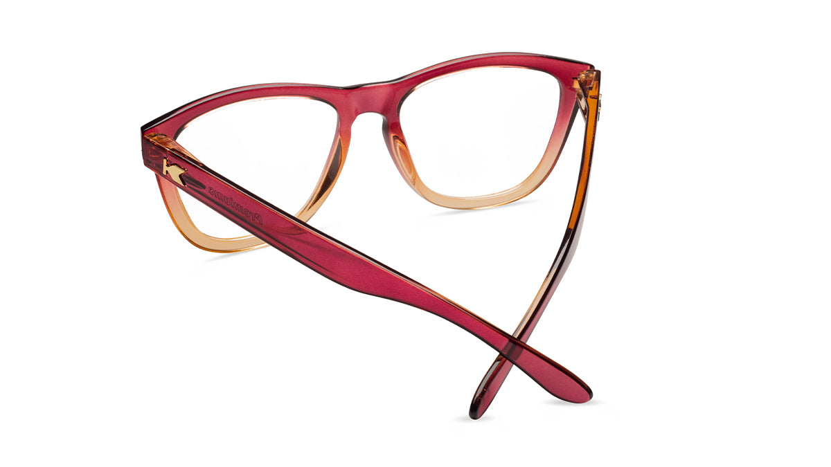 Knockaround Readers with Raspberry to creme beige frames and clear lenses, Back