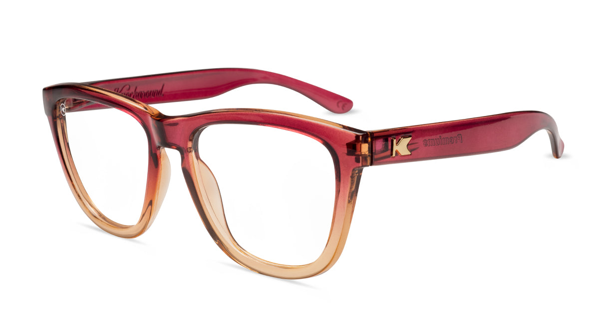 Knockaround Readers with Raspberry to creme beige frames and clear lenses, Flyover