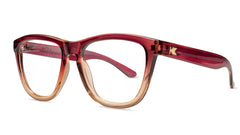 Knockaround Readers with Raspberry to creme beige frames and clear lenses, Threequarter