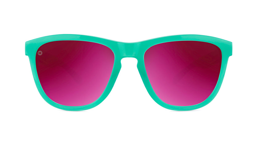 Sport Sunglasses with Aquamarine Frame and Polarized Fuchsia Lenses, Front