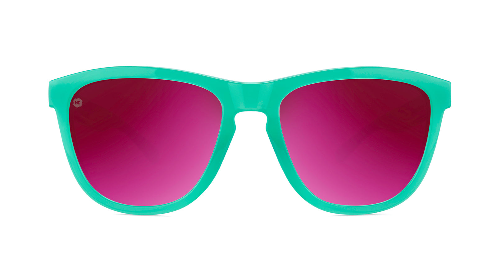 Sport Sunglasses with Aquamarine Frame and Polarized Fuchsia Lenses, Front