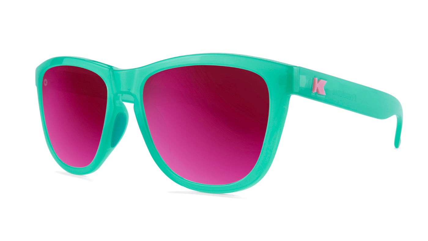 Sport Sunglasses with Aquamarine Frame and Polarized Fuchsia Lenses, Threequarter