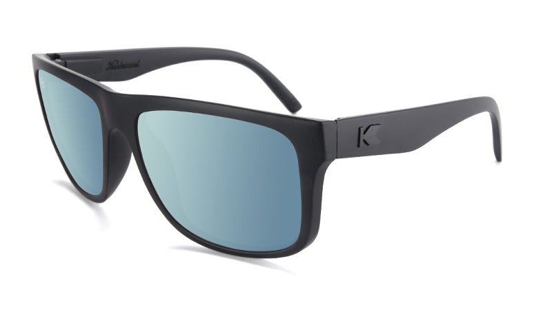 Matte black sunglasses with sky blue lenses