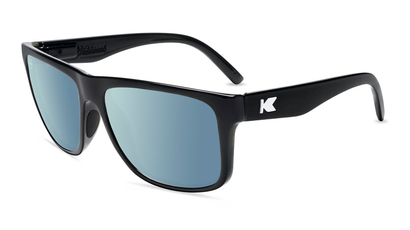 Sunglasses with Glossy Black Frames and Polarized Sky Blue Lenses, Flyover