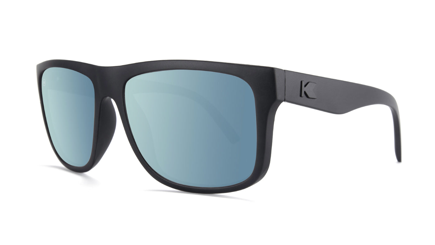 Sunglasses with Matte Black Frames and Polarized Sky Blue Lenses, Threequarter