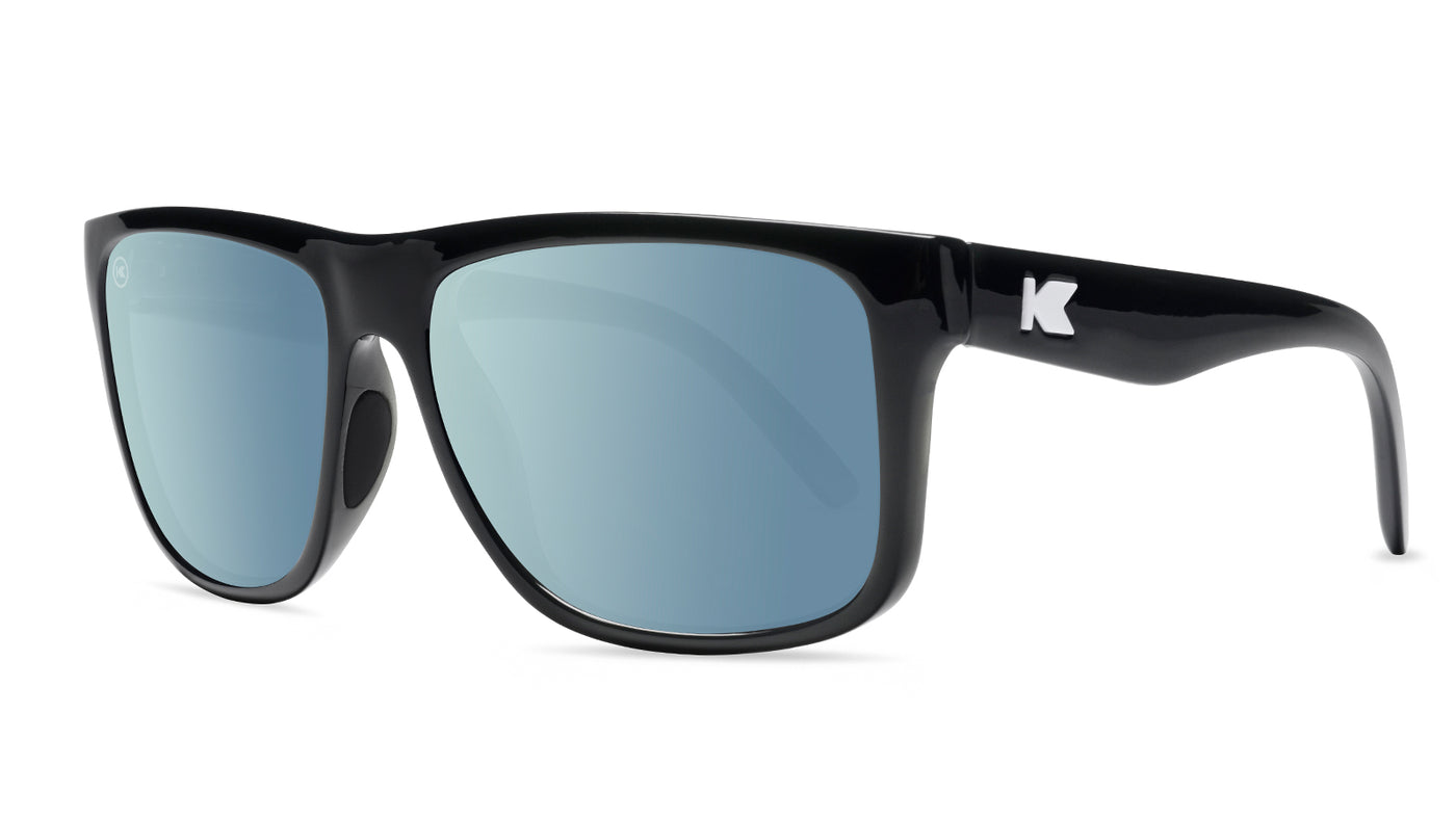 Sunglasses with Glossy Black Frames and Polarized Sky Blue Lenses, Threequarter