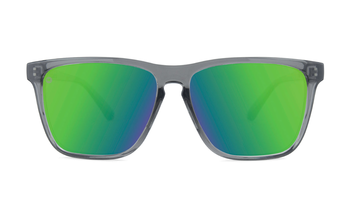 Sport Sunglasses with Clear Grey Frame and Polarized Green Moonshine Lenses, Front