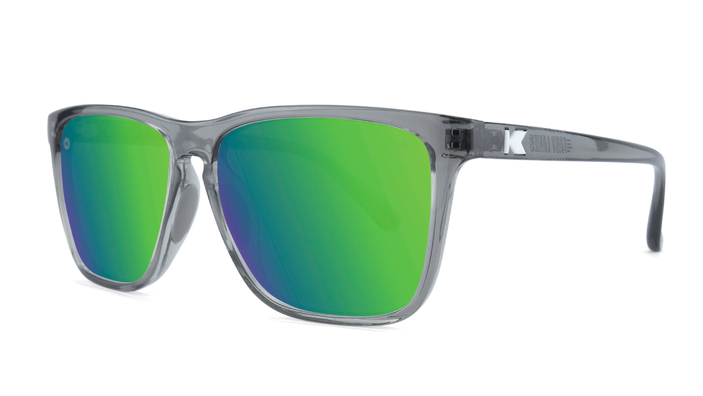 Sport Sunglasses with Clear Grey Frame and Polarized Green Moonshine Lenses, Threequarter