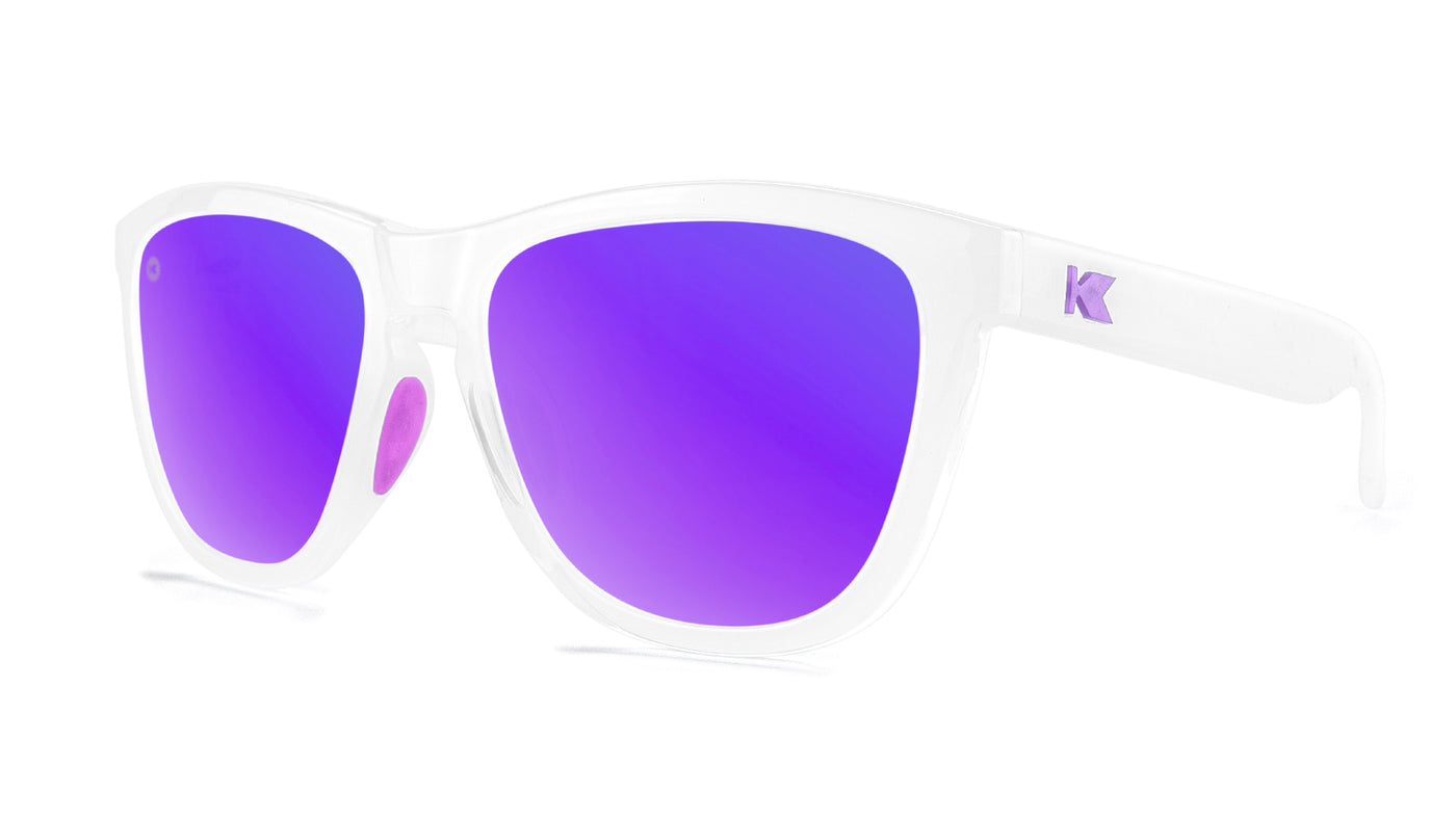 Sport Sunglasses with Clear Jelly Frame and Polarized Purple Lenses, Threequarter