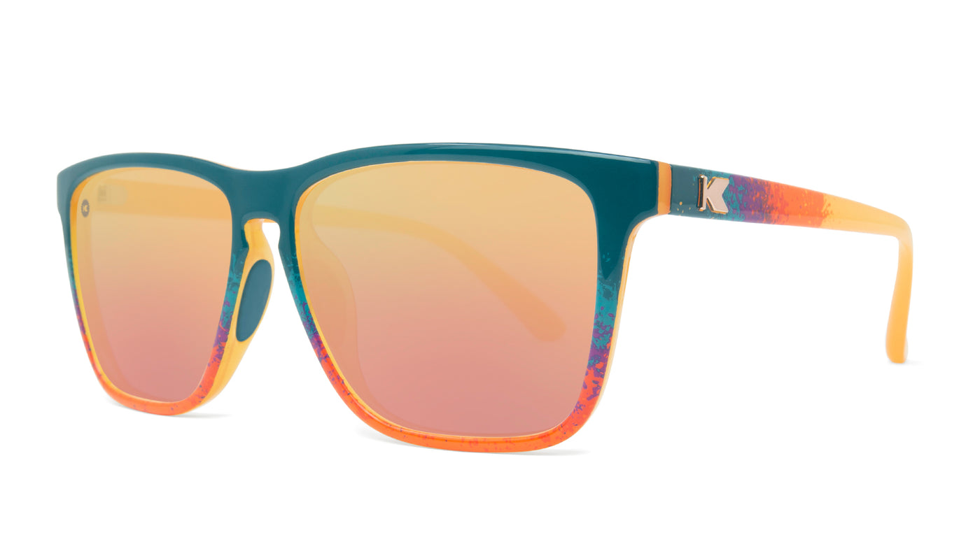 Sunglasses with Speckled Sunset Frames and Polarized Rose Gold Lenses. Threequarter