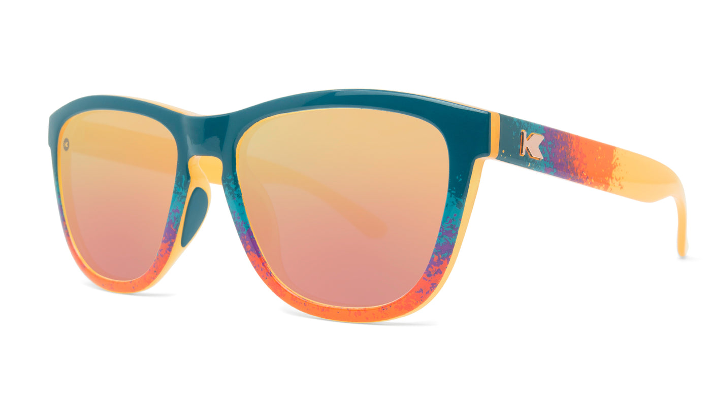 Sunglasses with Speckled Sunset Frames and Polarized Rose Gold Lenses.  Threequarter