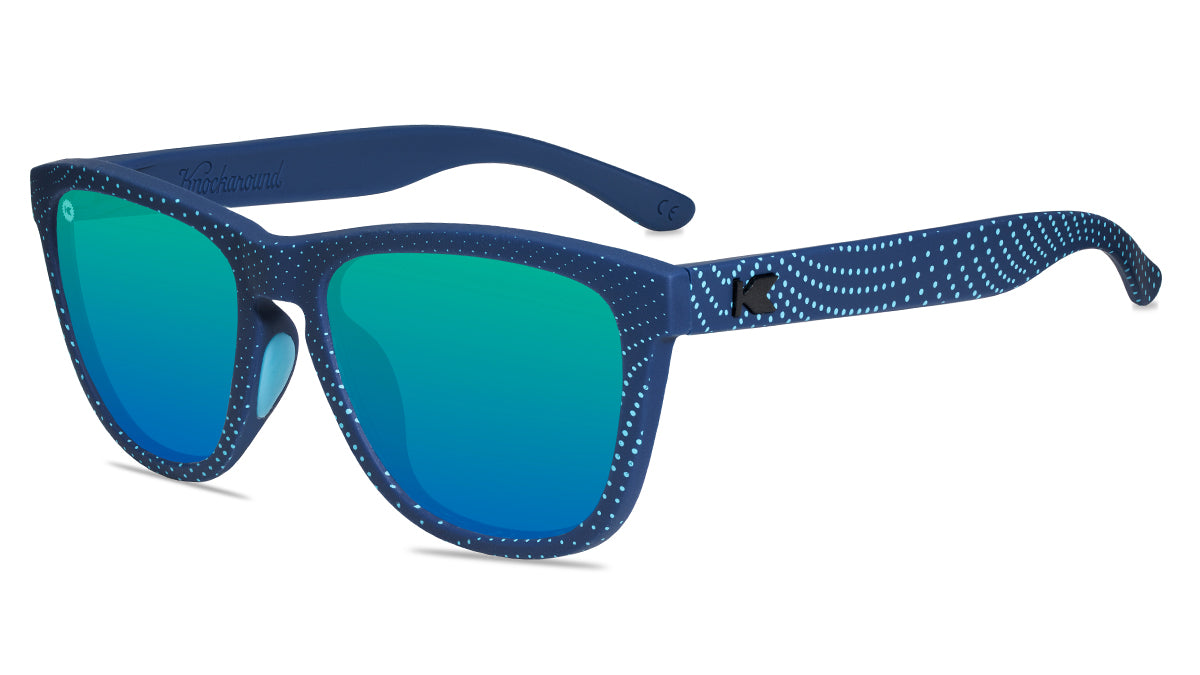 Sunglasses with matte blue frames and polarized green moonshine lenses, Flyover