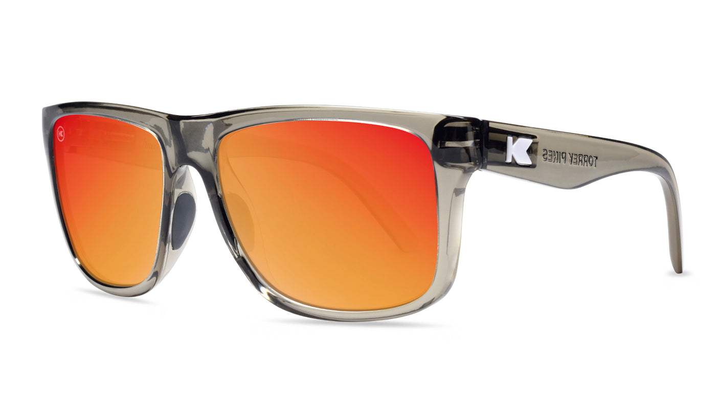 Sunglasses with Clear Grey Frames and Polarized Red Sunset Lenses, Threequarter