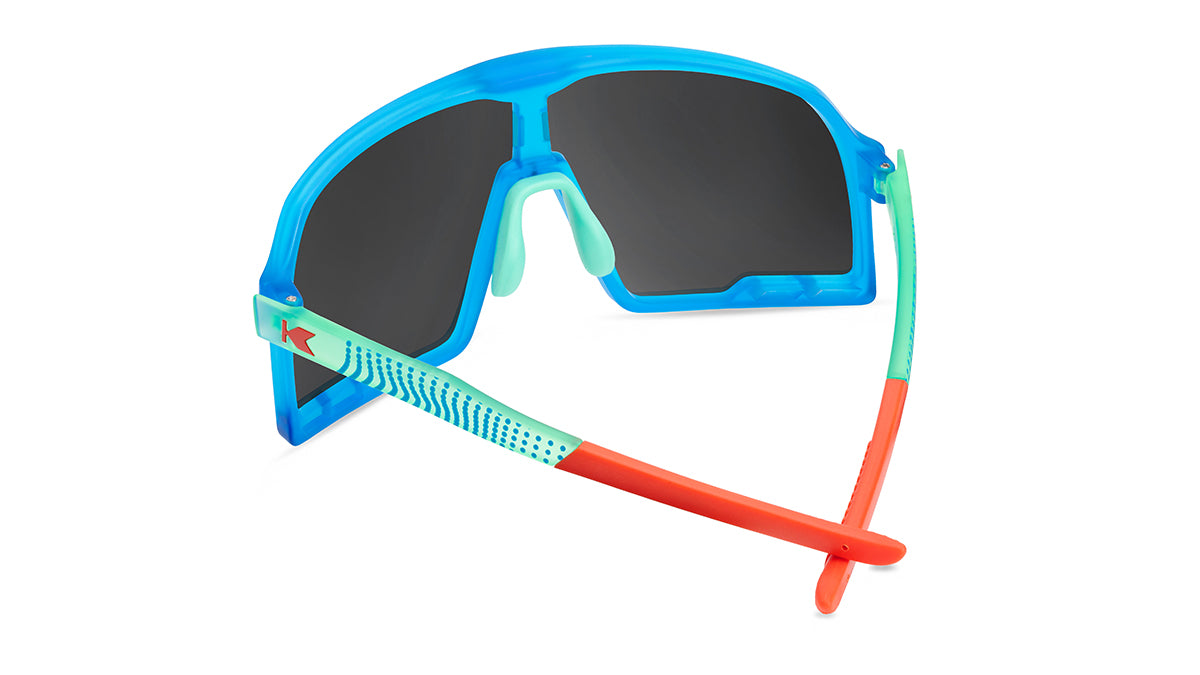 Sport Sunglasses with Blue Rubberized Frames and Polarized Aqua Lenses, Back