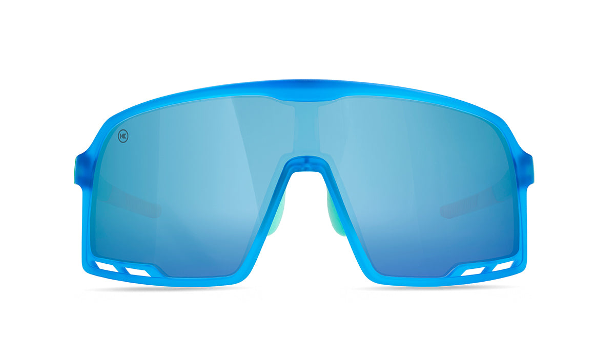 Sport Sunglasses with Blue Rubberized Frames and Polarized Aqua Lenses, Front