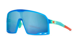 Sport Sunglasses with Blue Rubberized Frames and Polarized Aqua Lenses, Threequarter