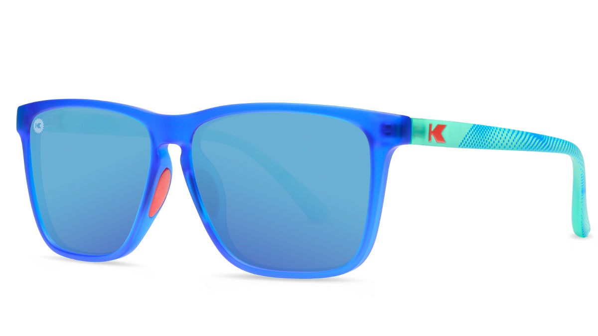 Sport Sunglasses with Blue Fronts and Mine Green Arms and Polarized Aqua Lenses, Threequarter