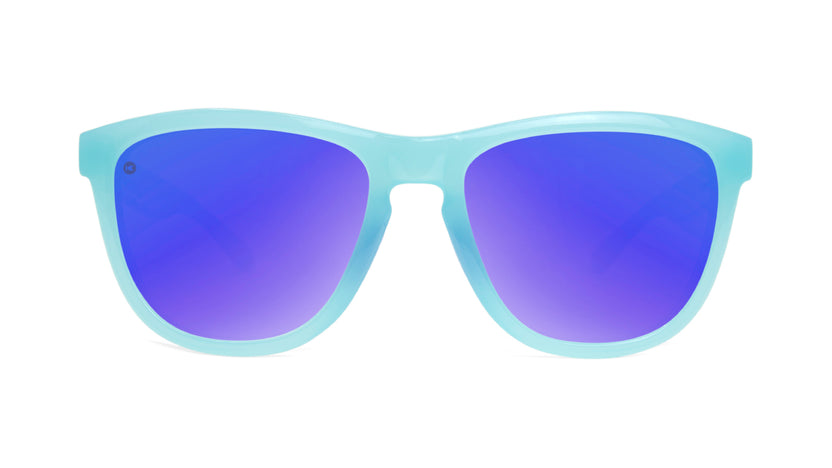 Sunglasses with Icy Blue Frames and Polarized Blue Lenses, Front