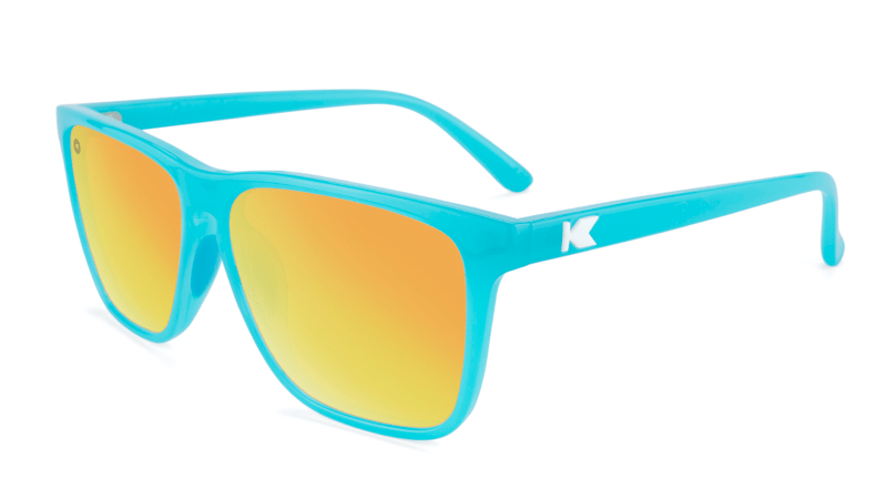Light blue sunglasses with square orange lenses