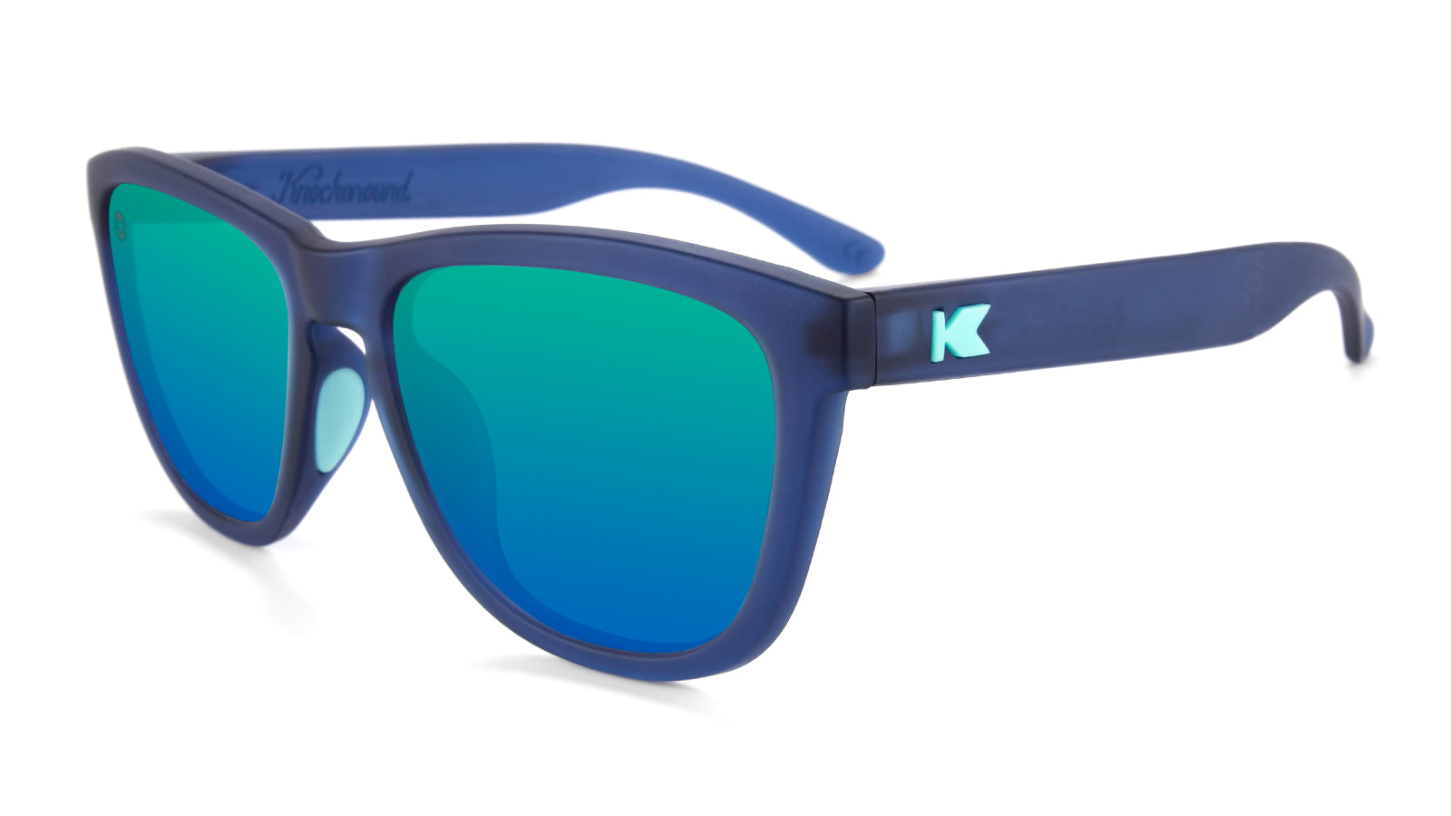 Sunglasses with Navy Frames and Polarized Mint Green Lenses, Flyover