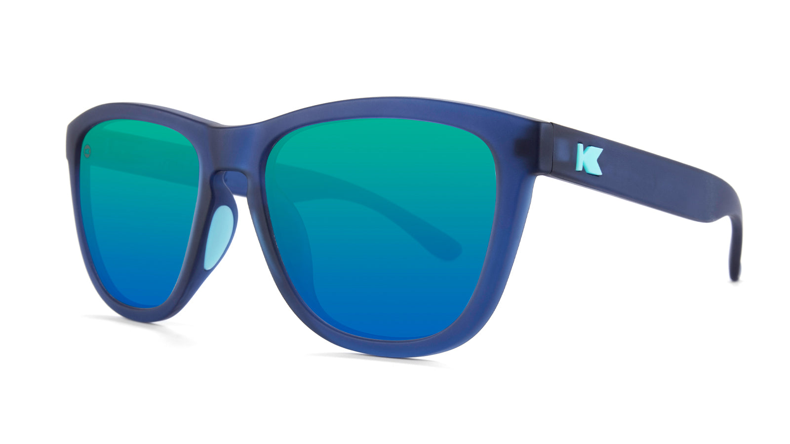 Sunglasses with Navy Frames and Polarized Mint Green Lenses, Threequarter