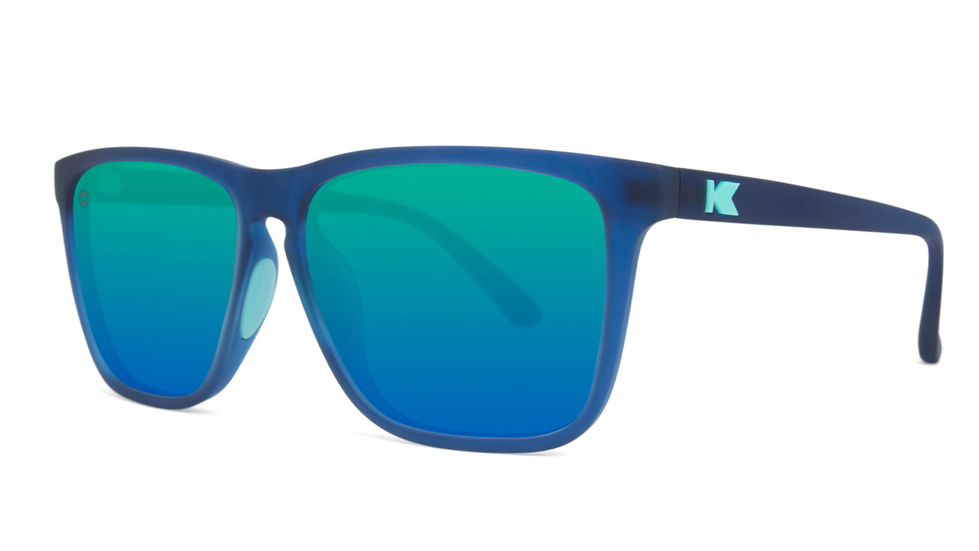 Sunglasses with Navy Frames and Polarized Mint Green Lenses, Threequarter