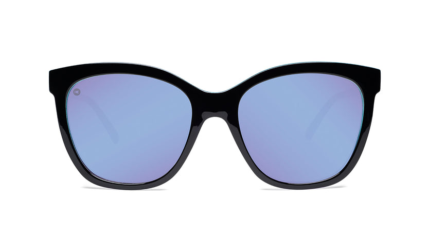 Sunglasses with Glossy Black Exterior and Ice Blue to Lavender Interior and Polarized Snow Opal Lenses. Front